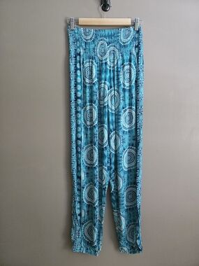Lotus and Luna Wide Leg Harem Pants Teal White Boho Hippie Smocked Waist